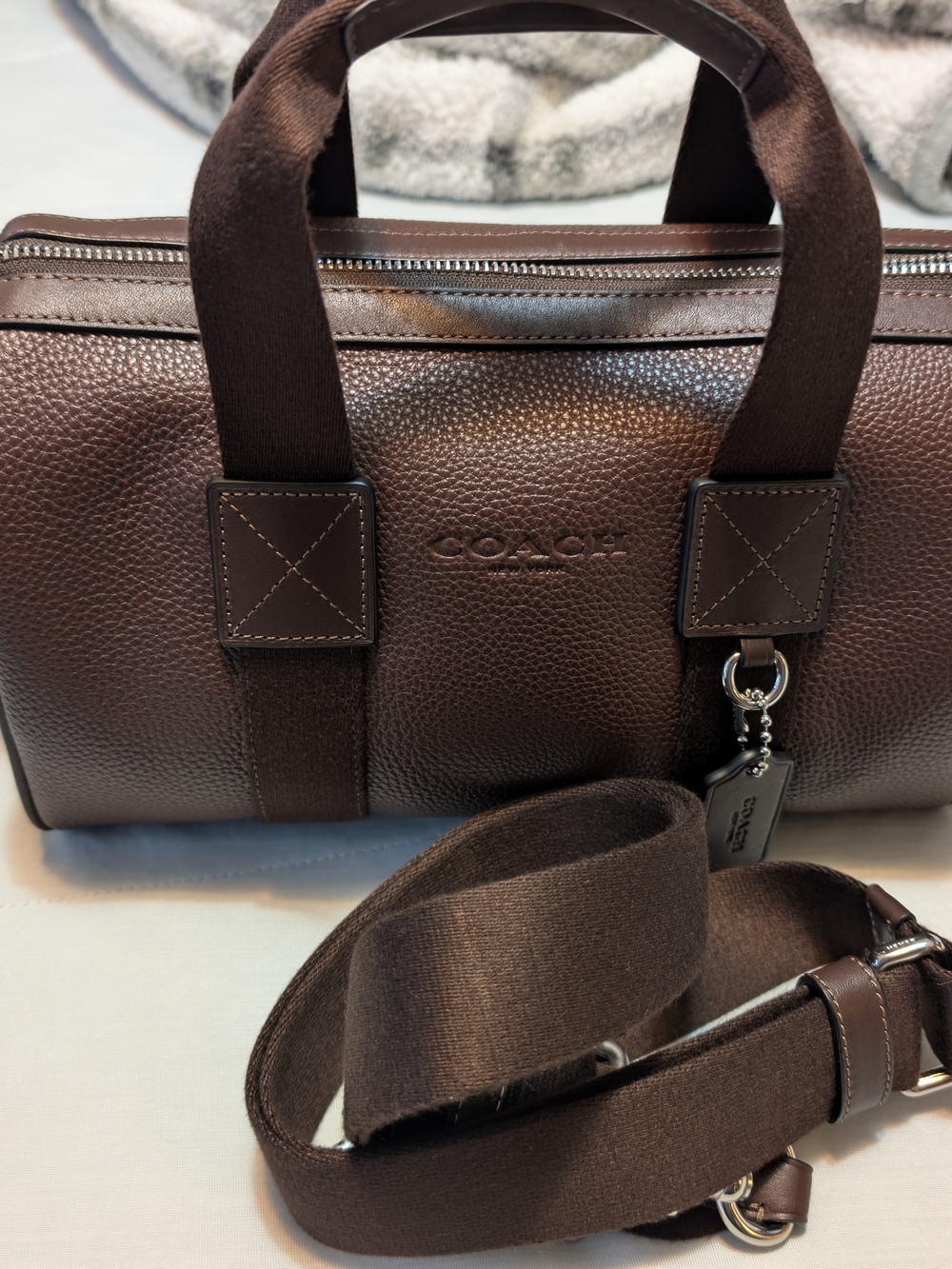 Coach Dark Brown Pebbled Leather Duffel with Detachable Strap